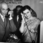 Prime Minister Nehru and Mrs. Indira Gandhi hear a recording of their voices