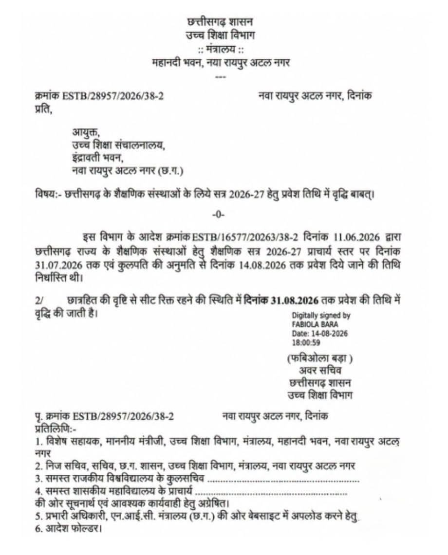 ​छत्तीसगढ़ के कॉलेजों में बढ़ा दाखिले का दायरा, अब 31 अगस्त तक ले सकेंगे प्रवेश