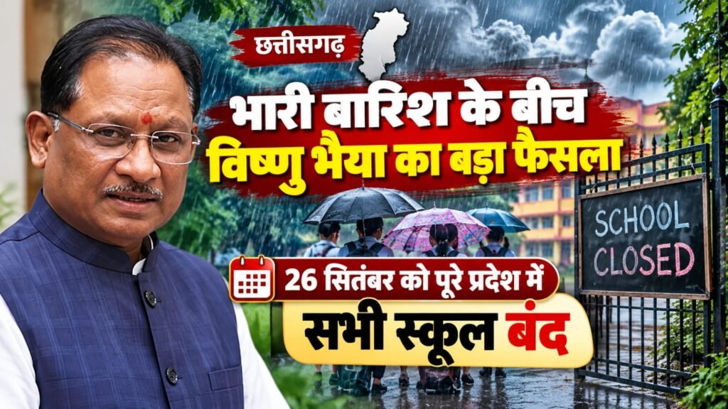 भारी बारिश के बीच विष्णु भैया का बड़ा फैसला, 26 सितंबर को पूरे छत्तीसगढ़ में स्कूल बंद